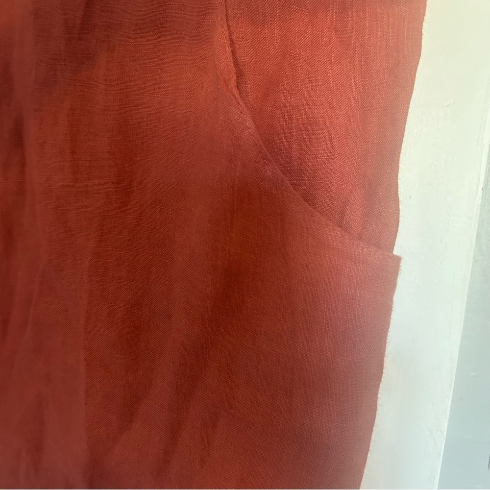 Lina Tomei Linen Pull Over Dress Beaded Neck Rusty Orange Brown Pockets Italy XL - Picture 5 of 7